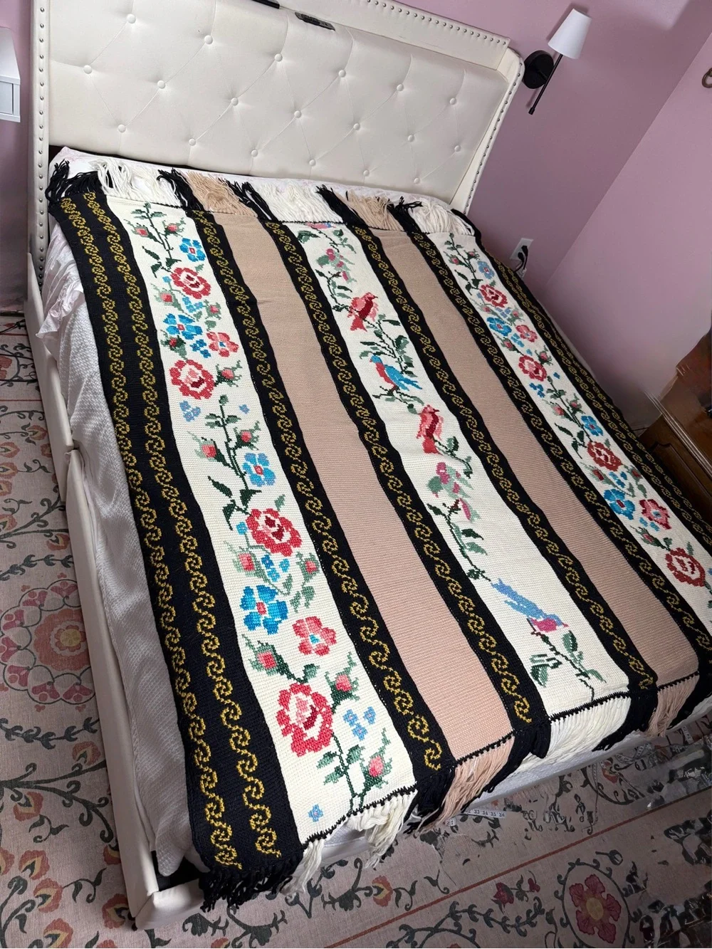 Vtg Hand Embroidered Cross Stitch Bedspread Blanket Floral Bird Cottagecore